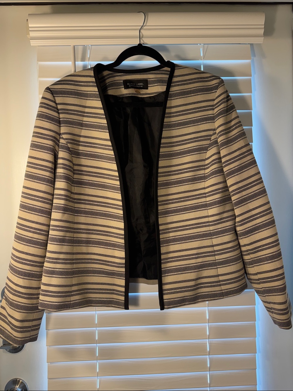 Striped Collarless Jacket with Black Trim - Tan & Black